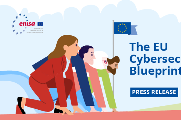 Illustration of four people in business attire at a starting line, symbolising readiness, with the EU flag ahead. Text reads: "The EU Cybersecurity Blueprint – Press Release." ENISA and EU logos are displayed.