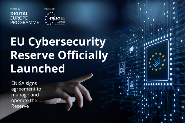 Visual representation of the EU Cybersecurity Reserve launch, featuring a digital interface with cybersecurity icons, the EU flag, and a hand interacting with virtual elements. Text reads: 'EU Cybersecurity Reserve Officially Launched – ENISA signs agreement to manage and operate the Reserve.