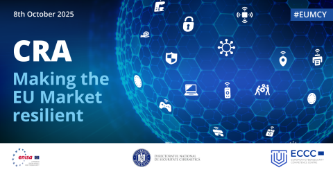Promotional image for the CRA - Making the EU Market Resilient event on 8th October 2025, showing a globe surrounded by icons of digital products and services such as laptops, routers, and gaming consoles.