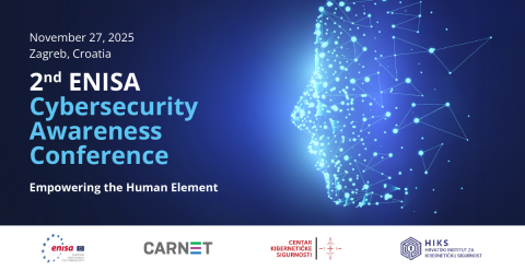 Banner for the 2nd ENISA Cybersecurity Awareness Conference, taking place on November 27, 2025, in Zagreb, Croatia. The theme is ‘Empowering the Human Element.’ The design features a digital, glowing outline of a human face made of blue dots and connecting lines, alongside the logos of ENISA, CARNET, the Croatian Centre for Cybersecurity, and the Croatian Institute for Cybersecurity