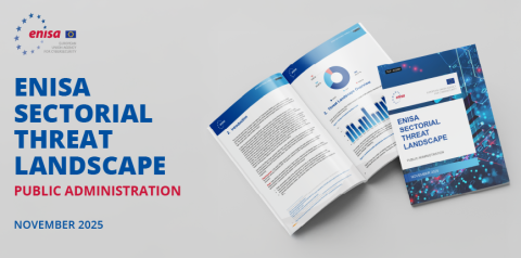 Visual promoting the ENISA Sectorial Threat Landscape – Public Administration report, showing the cover and publication date, November 2025.