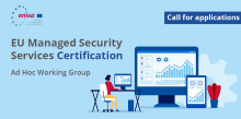 EU Managed Security Services Certification ad hoc working group call. Image with blue background depicting an illustrated woman working on analysis data in different screens.