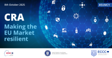 Promotional image for the CRA - Making the EU Market Resilient event on 8th October 2025, showing a globe surrounded by icons of digital products and services such as laptops, routers, and gaming consoles.