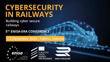 Visual promoting the 5th ENISA–ERA Conference on Cybersecurity in Railways, 1–2 December in Tallinn, Estonia, featuring a virtual train.