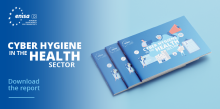 Cyber hygiene in the health sector illustration with medical staff, hospital, and cybersecurity icons, by ENISA