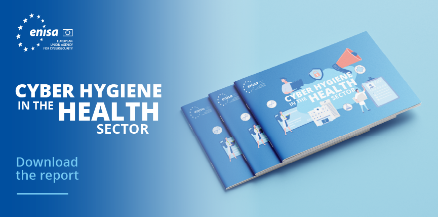 Cyber hygiene in the health sector illustration with medical staff, hospital, and cybersecurity icons, by ENISA
