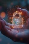 A hand holding a glowing digital padlock symbol, representing cybersecurity and data protection