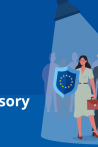 Blue graphic with the message 'Welcome to our new ENISA Advisory Group', featuring cybersecurity experts in the spotlight and the ENISA logo