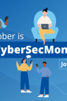 A promotional graphic for European Cyber Security Month (October) by ENISA. The image features cartoon illustrations of diverse people using technology.
